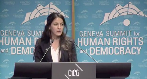Rosa Maria Paya calls for an international inquiry into the death of father Oswaldo Paya at the Geneva Summit For Human Rights and Democracy. Photo: Human Rights UN via Youtube.
