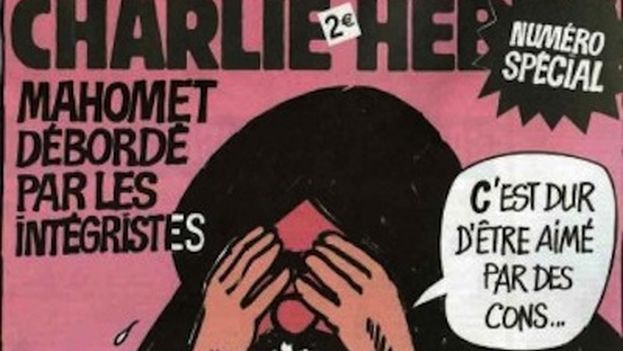 Caption:  Cover of the special edition published in 2006 by ‘Charlie Hebdo,’ the first incident with radical religious Muslims.  In the vignette, Mohammed says, “How hard it is to be loved by imbeciles!”