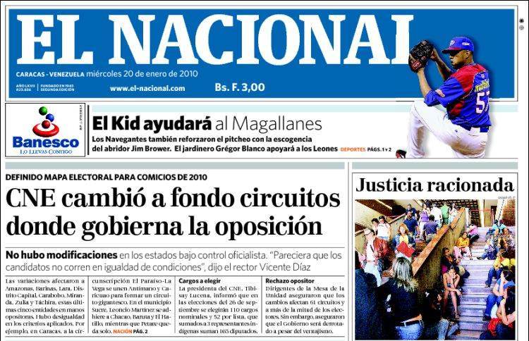 Screen shot of the Venezuelan newspaper El Nacional.