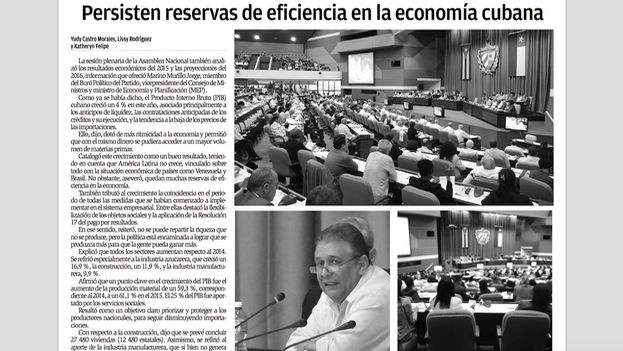 "Reserves of efficiency persist in the Cuban economy," Granma newspaper, December 30, 2015