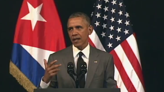 The US president, Barack Obama, in a public speech Tuesday from the Gran Teatro de La Habana. (Fotograma)
