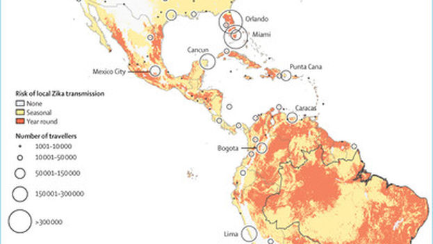 Map predicting the risk of Zika transmission based on the destinations of travelers leaving Brazil. (The Lancet)