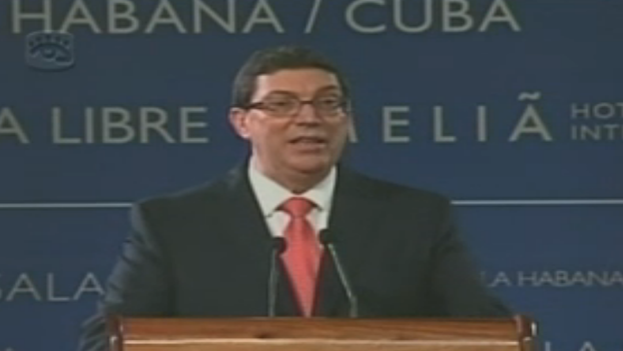Cuban Minister of Foreign Affairs Bruno Rodriguez during his speech on Thursday. (Fotograma)