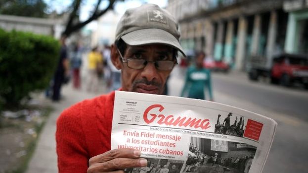 A man holds up an edition of the official daily Granma, from 2015. Headline: “Fidel sends a message to Cuban university students.” (EFE)