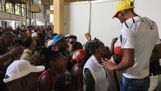 A man tries to contain the crowd that wants to enter the Fair of Havana. (14ymedio)